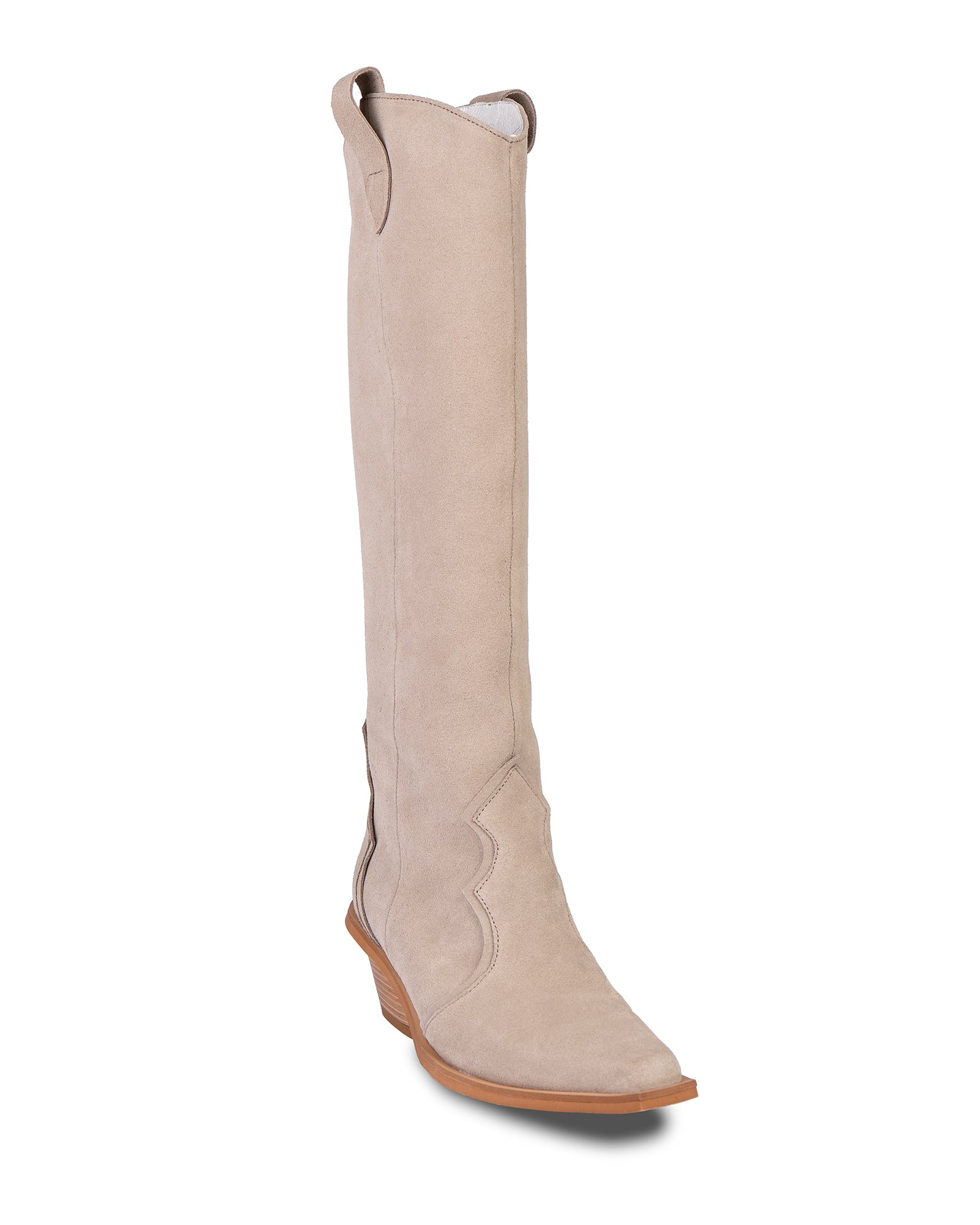High cowboy boots made of beige suede
