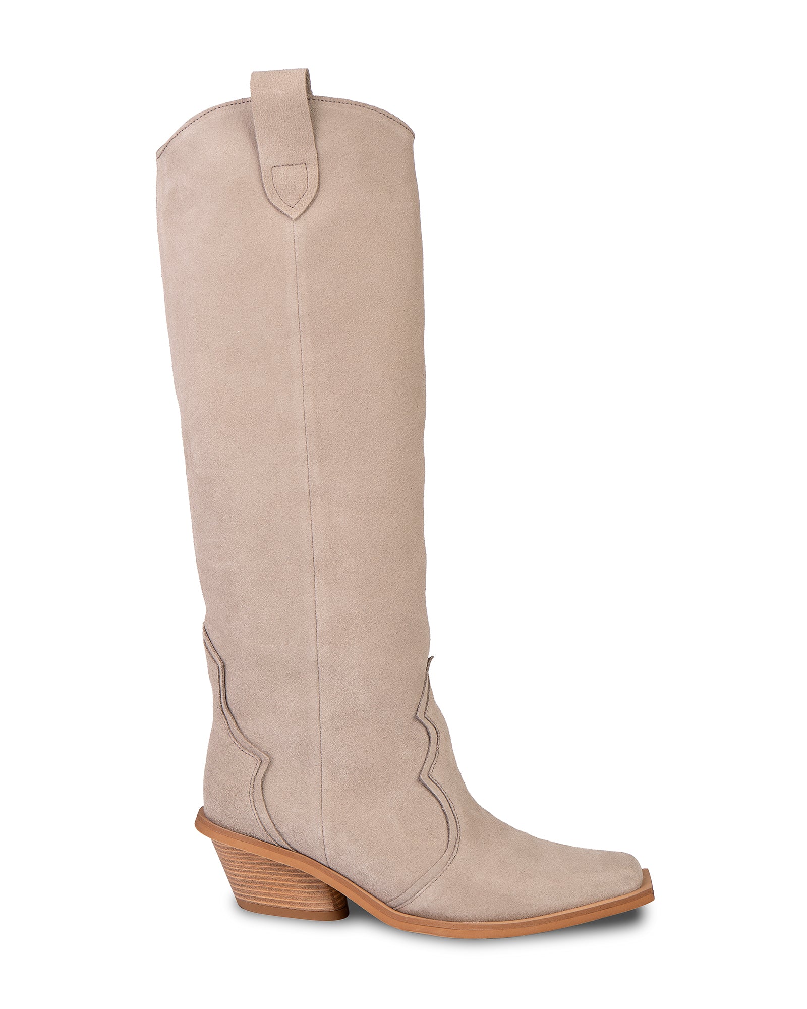 High cowboy boots made of beige suede
