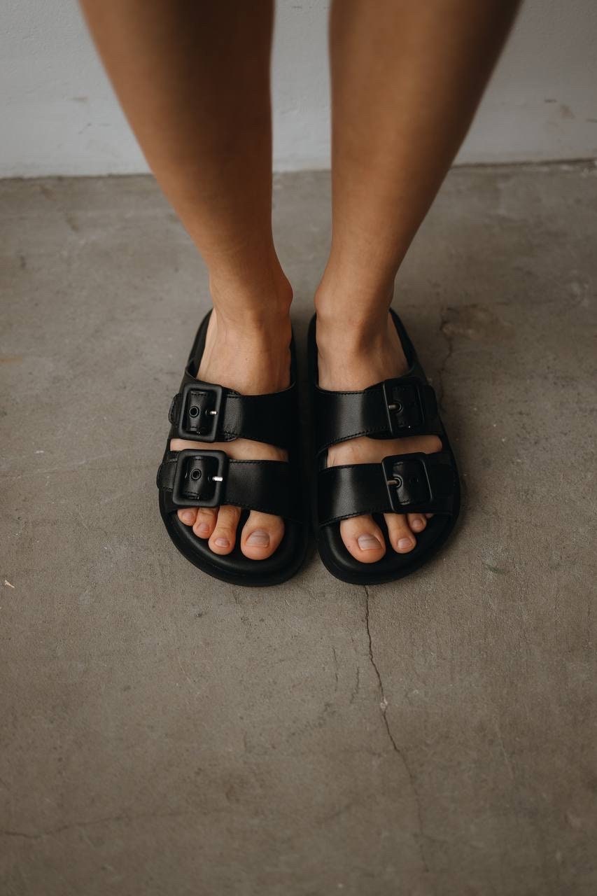 Black Leather Slides