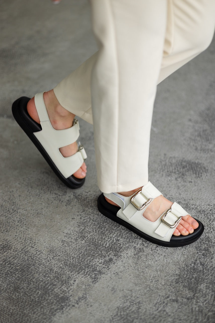 Handmade cream leather sandals with adjustable buckle straps