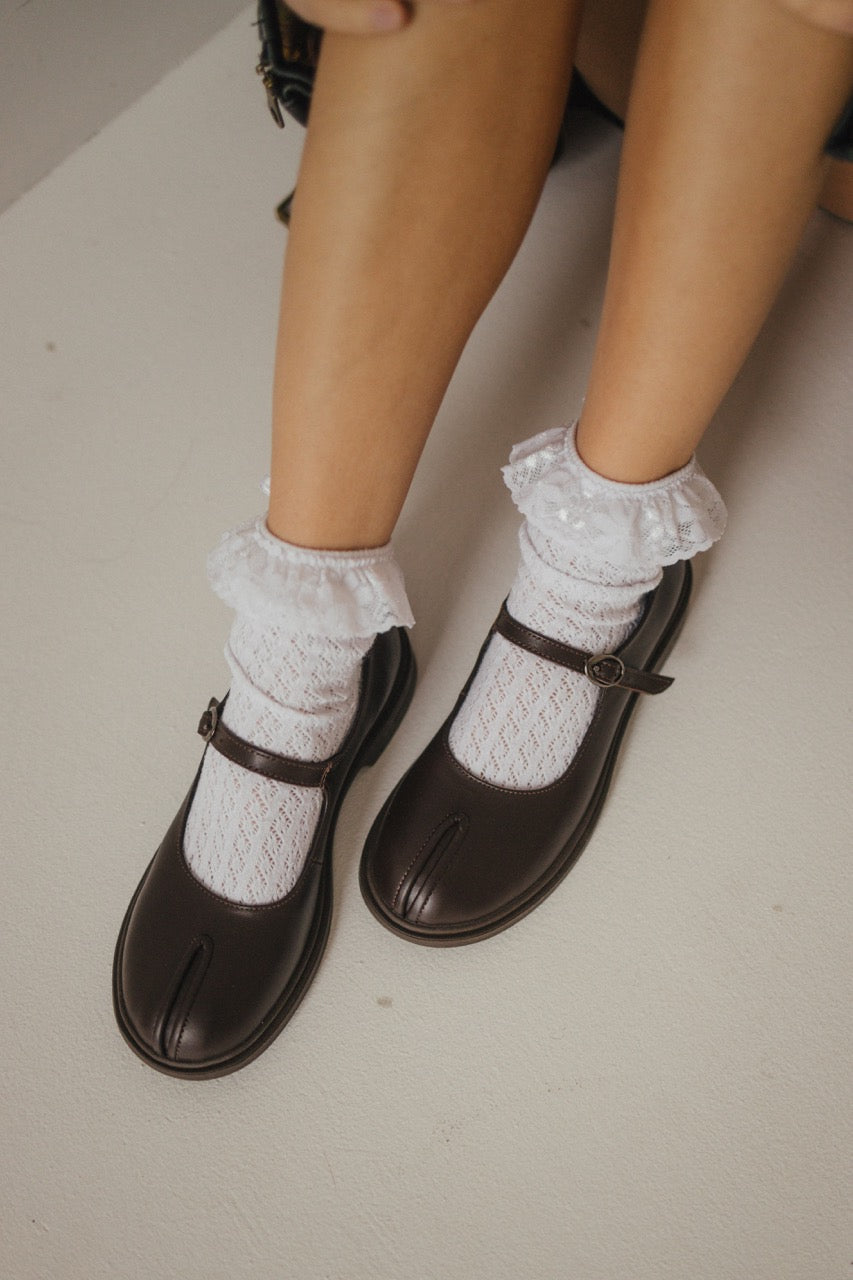 Brown Leather Mary Jane Tabi Loafers with Buckle Strap