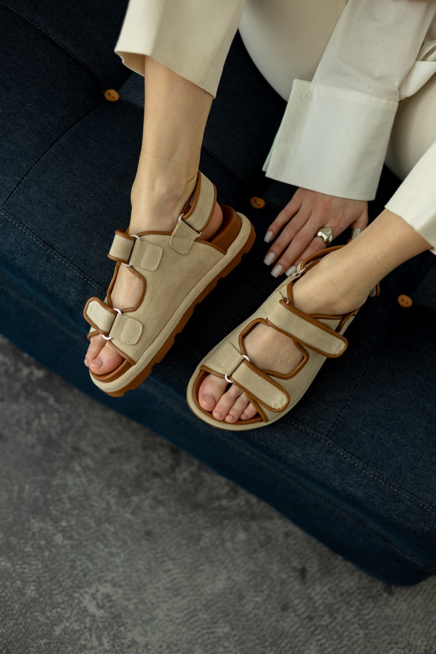 Dark grey suede sandals velcro back strap detail