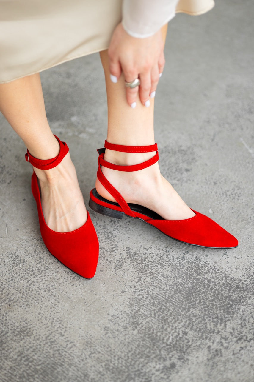 Handmade red suede ballet flats with buckle ankle closure