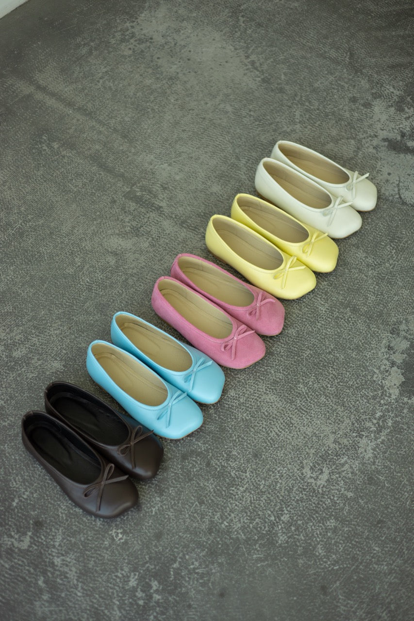 Soft leather flats in brown, blue and pink suede options