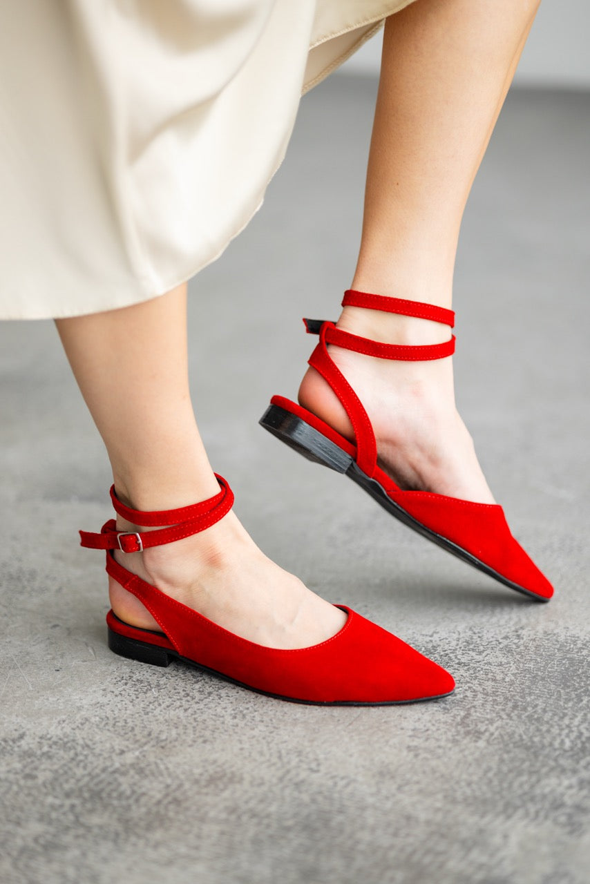 Stylish red suede flats for office wear and everyday outfits