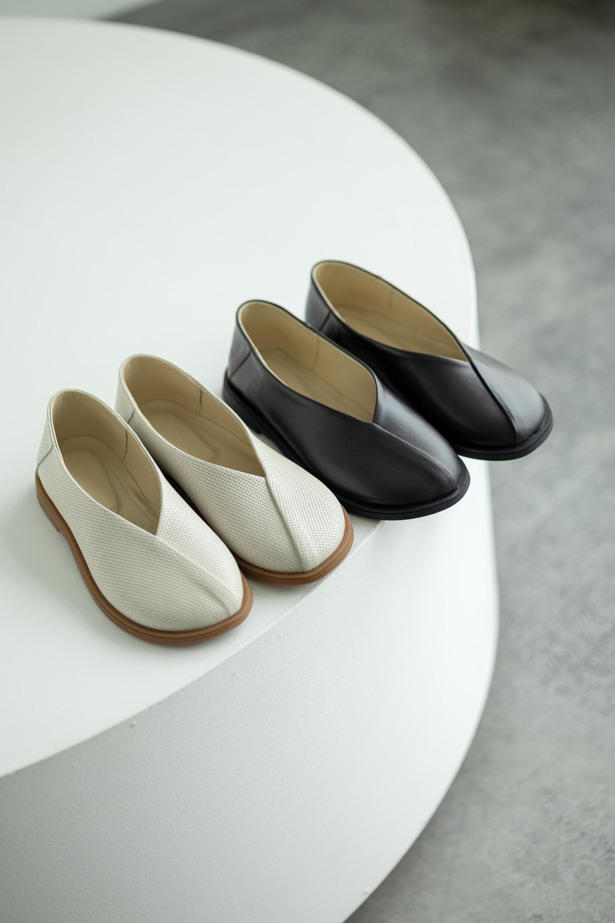Handmade summer flats embossed milk leather top view