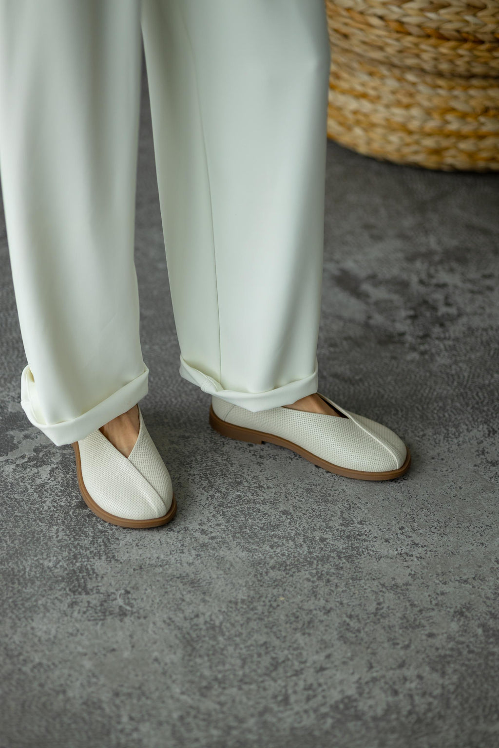 Minimalist leather flats decorative overlay detail close-up