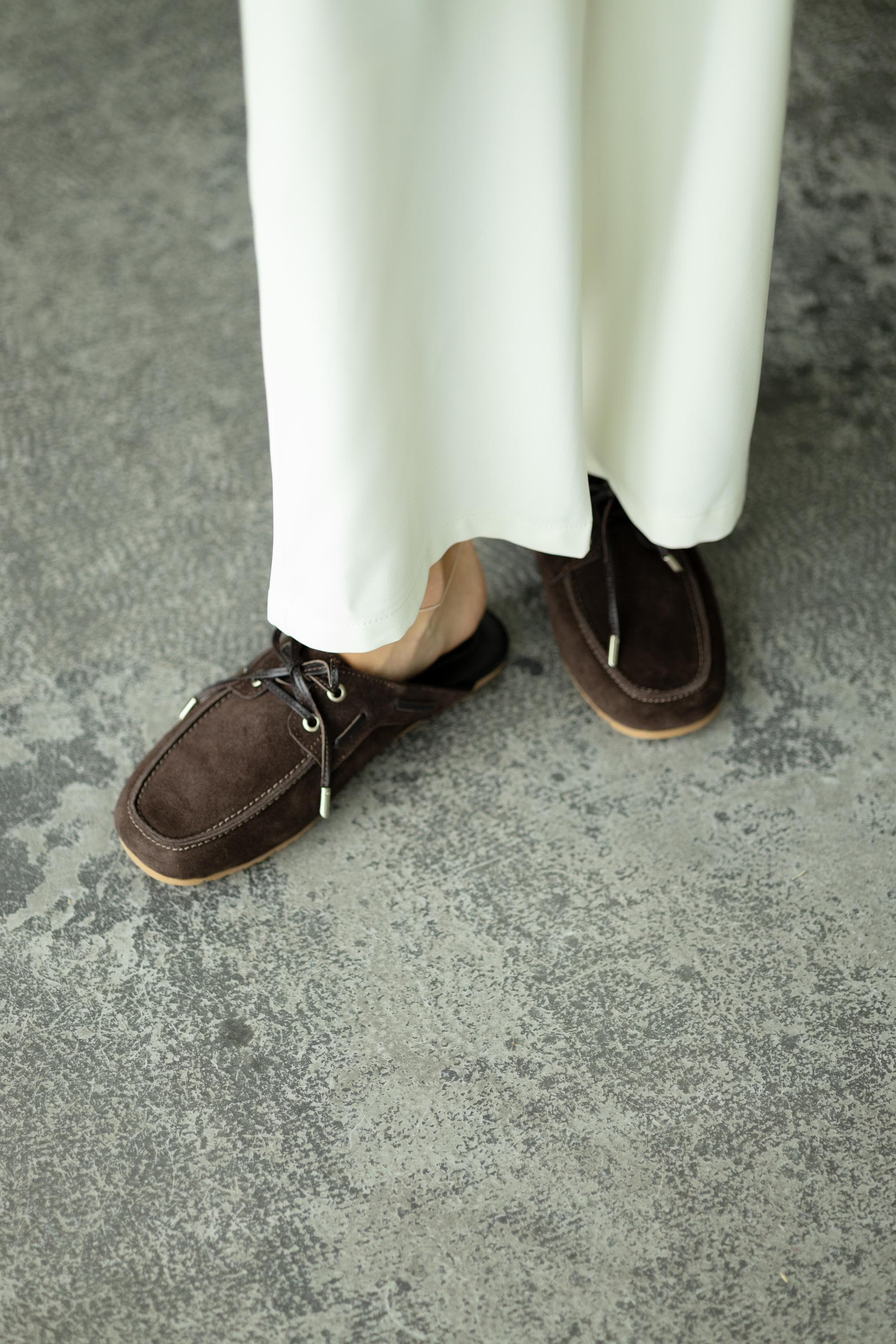 Women’s suede backless loafers with decorative lacing brown color