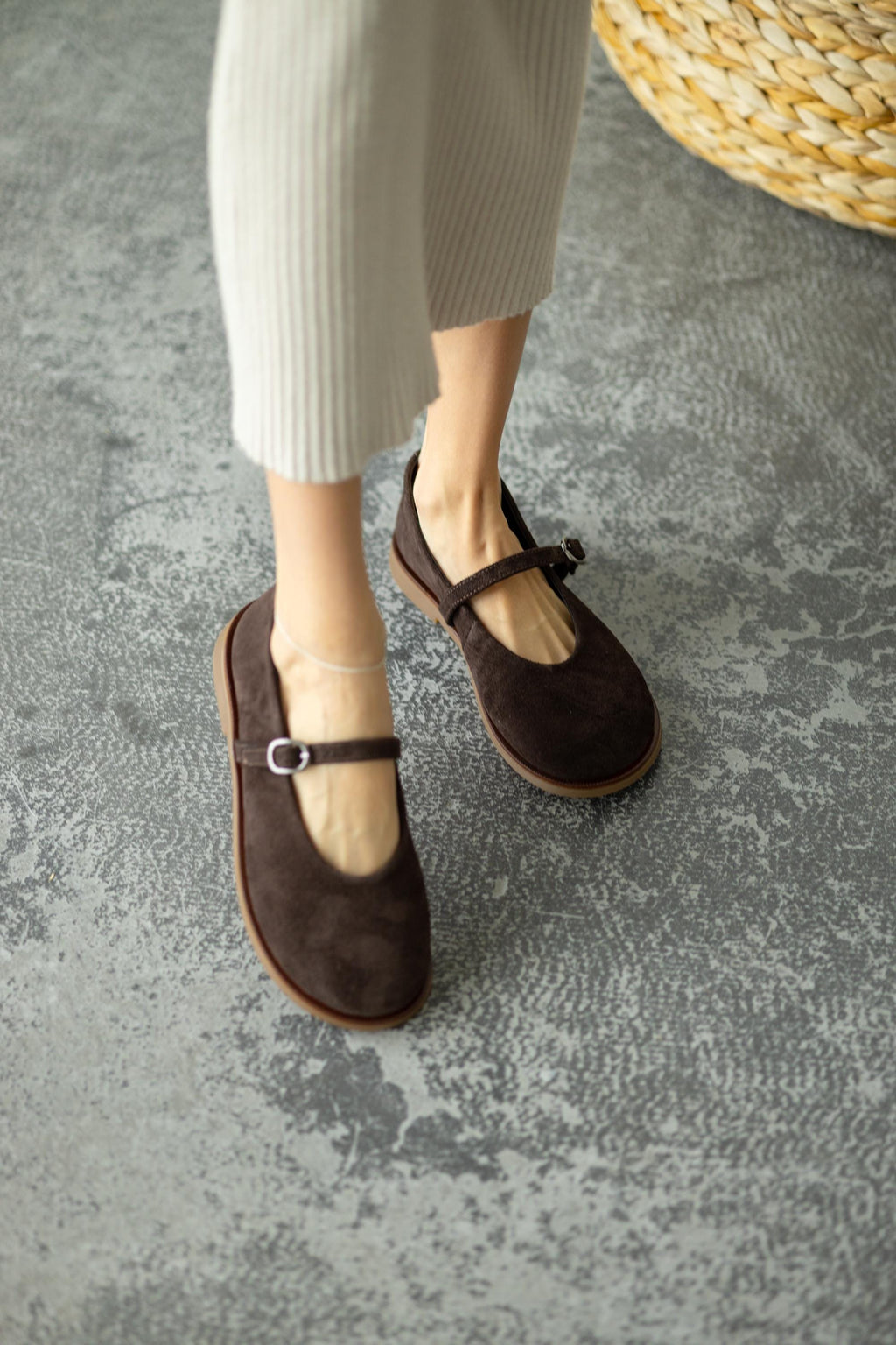 Brown suede flats close-up texture
