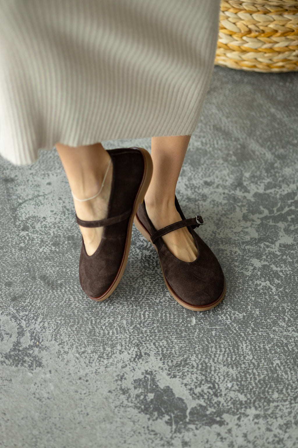 Summer suede flats on feet
