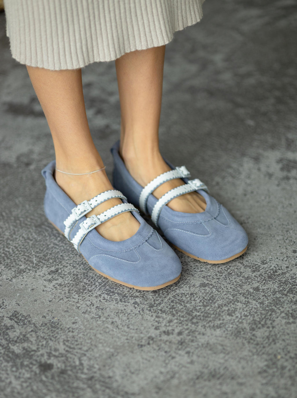 Wide toe Mary Jane flats with double buckle straps in suede