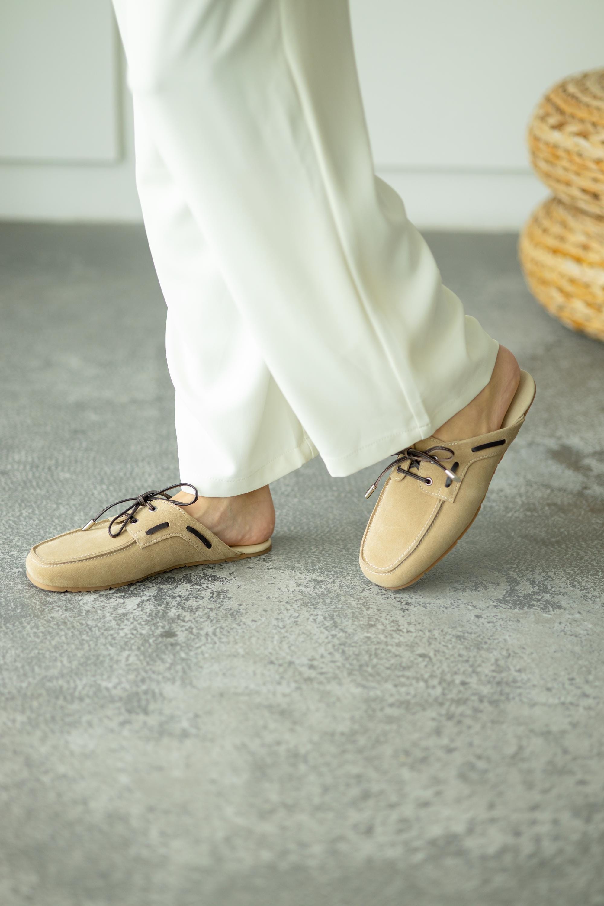 Women’s beige suede mules slip-on summer shoes side view