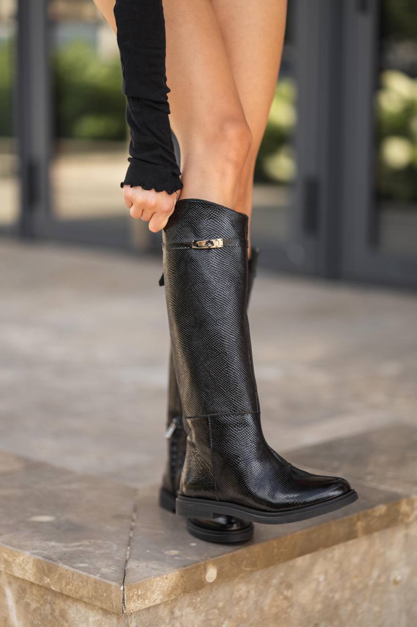 Black Leather Python Print Boots